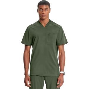 Cherokee Infinity Mens Tuckable V-Neck Scrub Top Modern Fit, 2 Pockets, Zip Chest Pocket, Rib-Knit, 360° Stretch – CK910A(Olive)