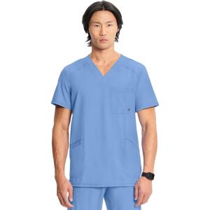 Cherokee Infinity Mens V-Neck Scrub Top Modern Fit, 3 Pockets, Rib-Knit Back Panels, Moisture-Wicking 360° Stretch – CK900A(Blue)