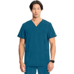 Cherokee Infinity Mens V-Neck Scrub Top Modern Fit, 3 Pockets, Rib-Knit Back Panels, Moisture-Wicking 360° Stretch – CK900A(Caribbean Blue)