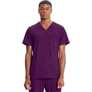 Cherokee Infinity Mens V-Neck Scrub Top Modern Fit, 3 Pockets, Rib-Knit Back Panels, Moisture-Wicking 360° Stretch – CK900A(Eggplant)