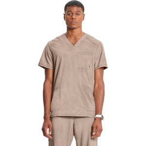 Cherokee Infinity Mens V-Neck Scrub Top Modern Fit, 3 Pockets, Rib-Knit Back Panels, Moisture-Wicking 360° Stretch – CK900A(Khaki)
