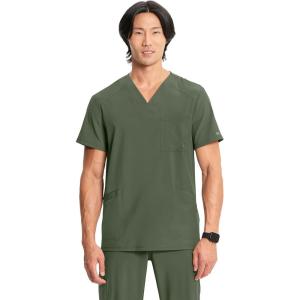 Cherokee Infinity Mens V-Neck Scrub Top Modern Fit, 3 Pockets, Rib-Knit Back Panels, Moisture-Wicking 360° Stretch – CK900A(Olive)