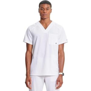Cherokee Infinity Mens V-Neck Scrub Top Modern Fit, 3 Pockets, Rib-Knit Back Panels, Moisture-Wicking 360° Stretch – CK900A(White)