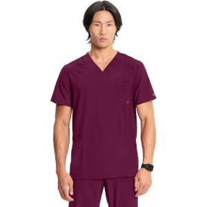 Cherokee Infinity Mens V-Neck Scrub Top Modern Fit, 3 Pockets, Rib-Knit Back Panels, Moisture-Wicking 360° Stretch – CK900A(Wine)