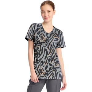 Cherokee Infinity Printed Scrub Tops for Women Round Neck, 3 Pockets, Rib-Knit Inset & Princess Seams – CK609(Big Cat)