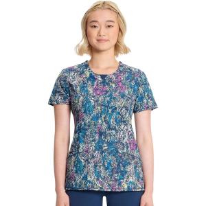 Cherokee Infinity Printed Scrub Tops for Women Round Neck, 3 Pockets, Rib-Knit Inset & Princess Seams – CK609(Colorful Distress)