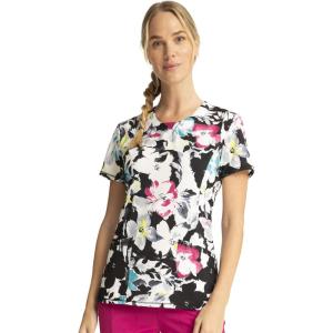 Cherokee Infinity Printed Scrub Tops for Women Round Neck, 3 Pockets, Rib-Knit Inset & Princess Seams – CK609(Inky Garden)