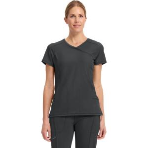 Cherokee Infinity Womens Mock Wrap Scrub Top, 4 Pockets, Rib-Knit Panel, Moisture-Wicking 360° Stretch – 2625A(Black)