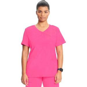Cherokee Infinity Womens Mock Wrap Scrub Top, 4 Pockets, Rib-Knit Panel, Moisture-Wicking 360° Stretch – 2625A(Carmine Pink)