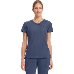 Cherokee Infinity Womens Mock Wrap Scrub Top, 4 Pockets, Rib-Knit Panel, Moisture-Wicking 360° Stretch – 2625A(Navy)