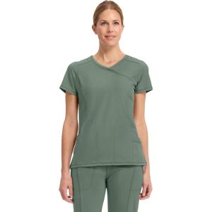 Cherokee Infinity Womens Mock Wrap Scrub Top, 4 Pockets, Rib-Knit Panel, Moisture-Wicking 360° Stretch – 2625A(Olive)