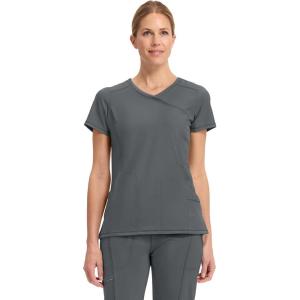 Cherokee Infinity Womens Mock Wrap Scrub Top, 4 Pockets, Rib-Knit Panel, Moisture-Wicking 360° Stretch – 2625A(Pewter)