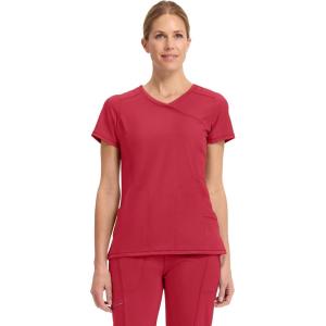 Cherokee Infinity Womens Mock Wrap Scrub Top, 4 Pockets, Rib-Knit Panel, Moisture-Wicking 360° Stretch – 2625A(Red)