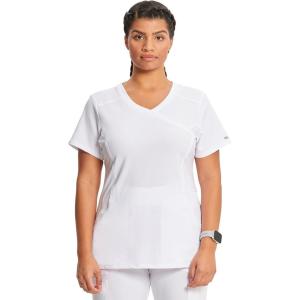 Cherokee Infinity Womens Mock Wrap Scrub Top, 4 Pockets, Rib-Knit Panel, Moisture-Wicking 360° Stretch – 2625A(White)