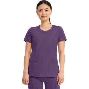 Cherokee Infinity Womens Round Neck Scrub Top, Contemporary Fit, 3 Pockets, Rib-Knit Panels, 360° Stretch – 2624A(Eggplant)