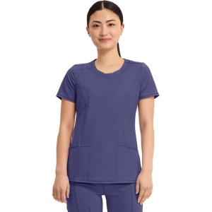 Cherokee Infinity Womens Round Neck Scrub Top, Contemporary Fit, 3 Pockets, Rib-Knit Panels, 360° Stretch – 2624A(Grape)