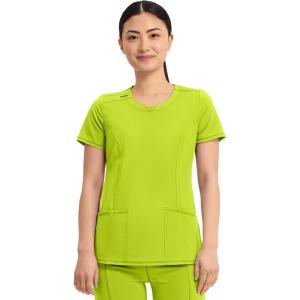 Cherokee Infinity Womens Round Neck Scrub Top, Contemporary Fit, 3 Pockets, Rib-Knit Panels, 360° Stretch – 2624A(Lime Time)