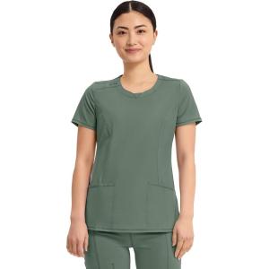 Cherokee Infinity Womens Round Neck Scrub Top, Contemporary Fit, 3 Pockets, Rib-Knit Panels, 360° Stretch – 2624A(Olive)