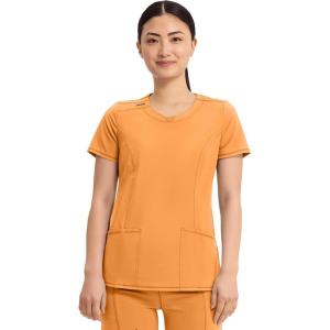 Cherokee Infinity Womens Round Neck Scrub Top, Contemporary Fit, 3 Pockets, Rib-Knit Panels, 360° Stretch – 2624A(Orange Sunrise)