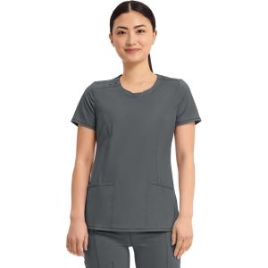 Cherokee Infinity Womens Round Neck Scrub Top, Contemporary Fit, 3 Pockets, Rib-Knit Panels, 360° Stretch – 2624A(Pewter)
