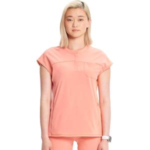 Cherokee Infinity Womens Round Neck Scrub Top, Partial Zip Covered Placket, 3 Zip Pockets, PROTX2 Technology – IN622A(Electric Coral)