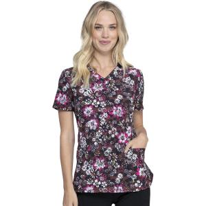 Cherokee Infinity Womens V-Neck Print Scrub Top with 2 Pockets, Rib-Knit Insert Logo O-Ring Detail & Shirttail Hem – CK634(Night Bloom)