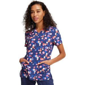 Cherokee Infinity Womens V-Neck Print Scrub Top with 2 Pockets, Rib-Knit Insert Logo O-Ring Detail & Shirttail Hem – CK634(Sporty Spots)