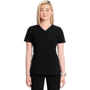 Cherokee Infinity Womens V-Neck Scrub Top Contemporary Fit, 2 Pockets, Rib-Knit Insert, Side Vents, 360° Stretch – CK865A(Black)