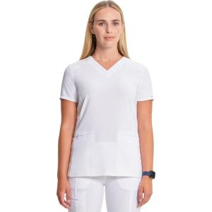 Cherokee Infinity Womens V-Neck Scrub Top Contemporary Fit, 2 Pockets, Rib-Knit Insert, Side Vents, 360° Stretch – CK865A(White)