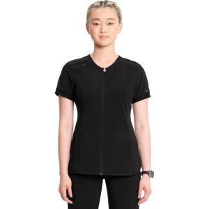 Cherokee Infinity Womens Zip Front V-Neck Scrub Top, 4 Pockets, Moisture Wicking, Wrinkle-Resistant, 360 Stretch – CK810A(Black)