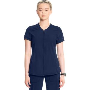 Cherokee Infinity Womens Zip Front V-Neck Scrub Top, 4 Pockets, Moisture Wicking, Wrinkle-Resistant, 360 Stretch – CK810A(Navy)