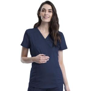 Cherokee Maternity Scrub Top Mock Wrap with 2 Pockets, Breathable and 2-Way Stretch Fabric – WW688(Navy)