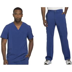 Cherokee Men Scrubs Set Modern Fit V-Neck Scrub Tops, CK900A and Tapered Leg Drawstring Scrub Pants, CK200A(Galaxy Blue)