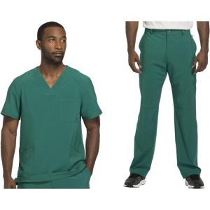 Cherokee Men Scrubs Set Modern Fit V-Neck Scrub Tops, CK900A and Tapered Leg Drawstring Scrub Pants, CK200A(Hunter Green)