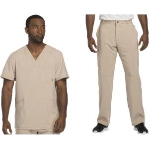 Cherokee Men Scrubs Set Modern Fit V-Neck Scrub Tops, CK900A and Tapered Leg Drawstring Scrub Pants, CK200A(Khaki)