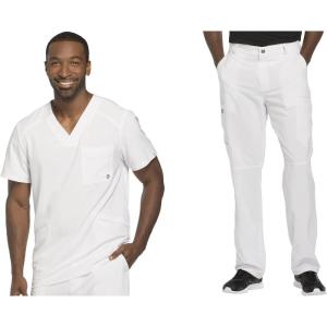Cherokee Men Scrubs Set Modern Fit V-Neck Scrub Tops, CK900A and Tapered Leg Drawstring Scrub Pants, CK200A(White)