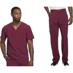 Cherokee Men Scrubs Set Modern Fit V-Neck Scrub Tops, CK900A and Tapered Leg Drawstring Scrub Pants, CK200A(Wine)