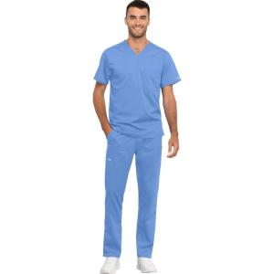 Cherokee Men and Women Scrub Set Tuckable V-Neck Top, WW625 with Tapered Leg Drawstring Pant, WW020(Ciel)