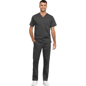 Cherokee Men and Women Scrub Set Tuckable V-Neck Top, WW625 with Tapered Leg Drawstring Pant, WW020(Pewter)