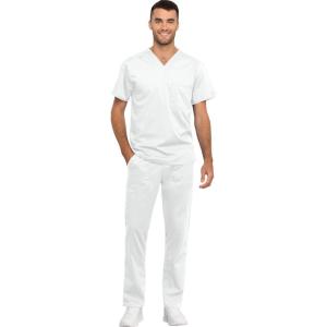 Cherokee Men and Women Scrub Set Tuckable V-Neck Top, WW625 with Tapered Leg Drawstring Pant, WW020(White)