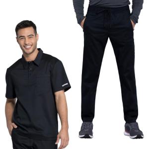 Cherokee Men’s Scrub Set – Modern Fit Polo Shirt WW615 with Natural Rise Jogger WW012(Black)