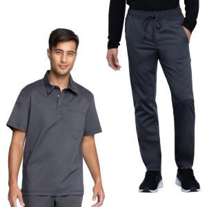 Cherokee Men’s Scrub Set – Modern Fit Polo Shirt WW615 with Natural Rise Jogger WW012(Pewter)