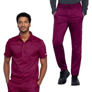 Cherokee Men’s Scrub Set – Modern Fit Polo Shirt WW615 with Natural Rise Jogger WW012(Wine)