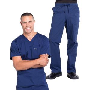 Cherokee Men’s Scrub Set Traditional Fit V-Neck Top WW675 with Tapered Leg Fly Front Cargo Pant WW190, Navy- M Top/M Pant