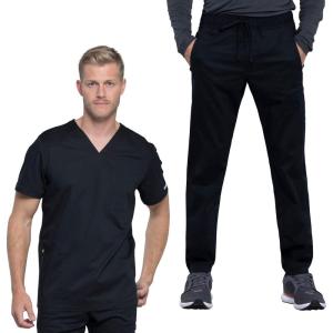 Cherokee Men’s Scrub Set, V-Neck Scrub Top Modern fit WW603 with Natural Rise Jogger Scrub Pants Drawstring Waistband WW012(Black)