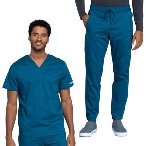 Cherokee Men’s Scrub Set, V-Neck Scrub Top Modern fit WW603 with Natural Rise Jogger Scrub Pants Drawstring Waistband WW012(Caribbean Blue)