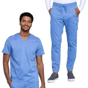 Cherokee Men’s Scrub Set, V-Neck Scrub Top Modern fit WW603 with Natural Rise Jogger Scrub Pants Drawstring Waistband WW012(Ciel)