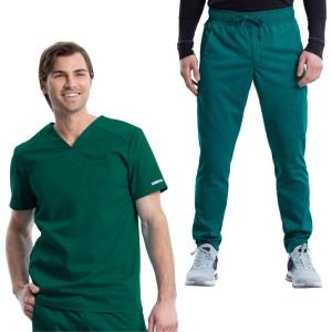 Cherokee Men’s Scrub Set, V-Neck Scrub Top Modern fit WW603 with Natural Rise Jogger Scrub Pants Drawstring Waistband WW012(Hunter Green)