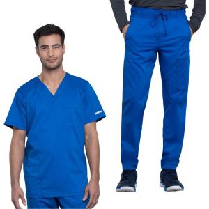 Cherokee Men’s Scrub Set, V-Neck Scrub Top Modern fit WW603 with Natural Rise Jogger Scrub Pants Drawstring Waistband WW012(Royal)