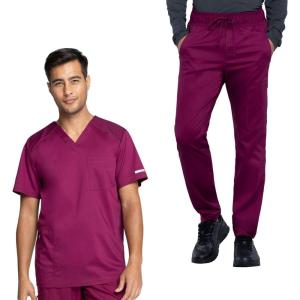 Cherokee Men’s Scrub Set, V-Neck Scrub Top Modern fit WW603 with Natural Rise Jogger Scrub Pants Drawstring Waistband WW012(Wine)
